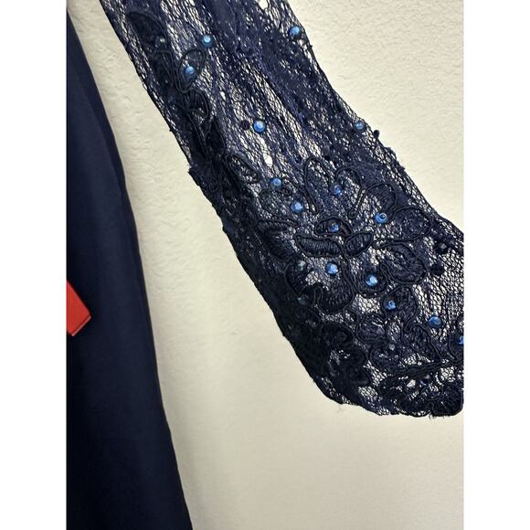 Mac Duggal Midnight Blue Long Sleeves Sequins Sheer Overlay Gown Size 16W - Picture 3 of 11